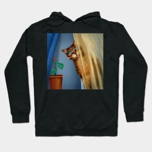 the cat looks out from behind the curtain Hoodie